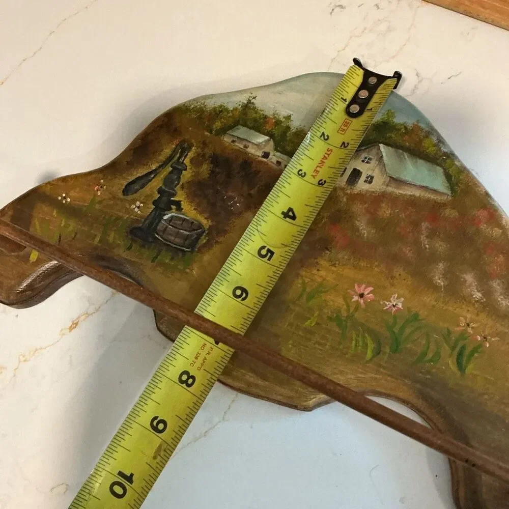 Hand-painted Wooden Towel Rack Cottage scene with flowers water pump